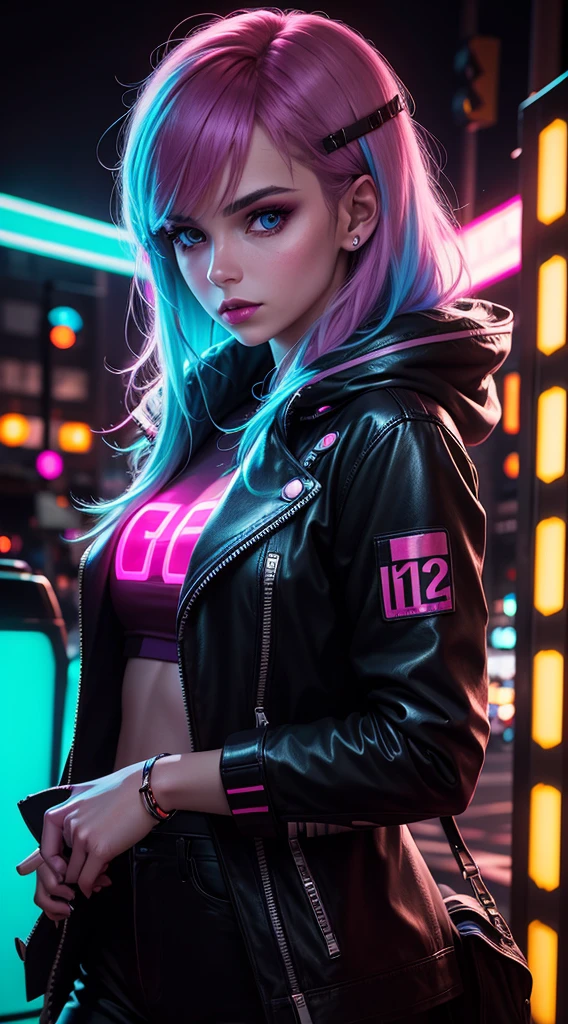 fashion portrait color photograph, woman, neon lights