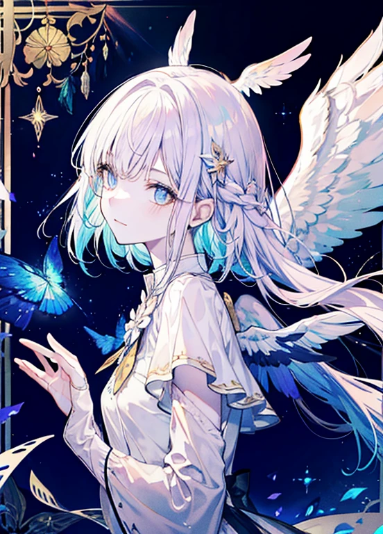 An an angel  depicted with a pale and luminous complexion, their skin seemingly Luminous with an otherworldly Shine. They are adorned with a pair of sparkling and elegant wings, symbolizing their divine nature. The scene  unearthly and charming, capturing the beauty and a secret of these celestial beings. an angel, pale, luminous, complexion, Luminous, otherworldly, Shine, sparkling, elegant, wings, divine, unearthly, charming, beauty, a secret.upper body,