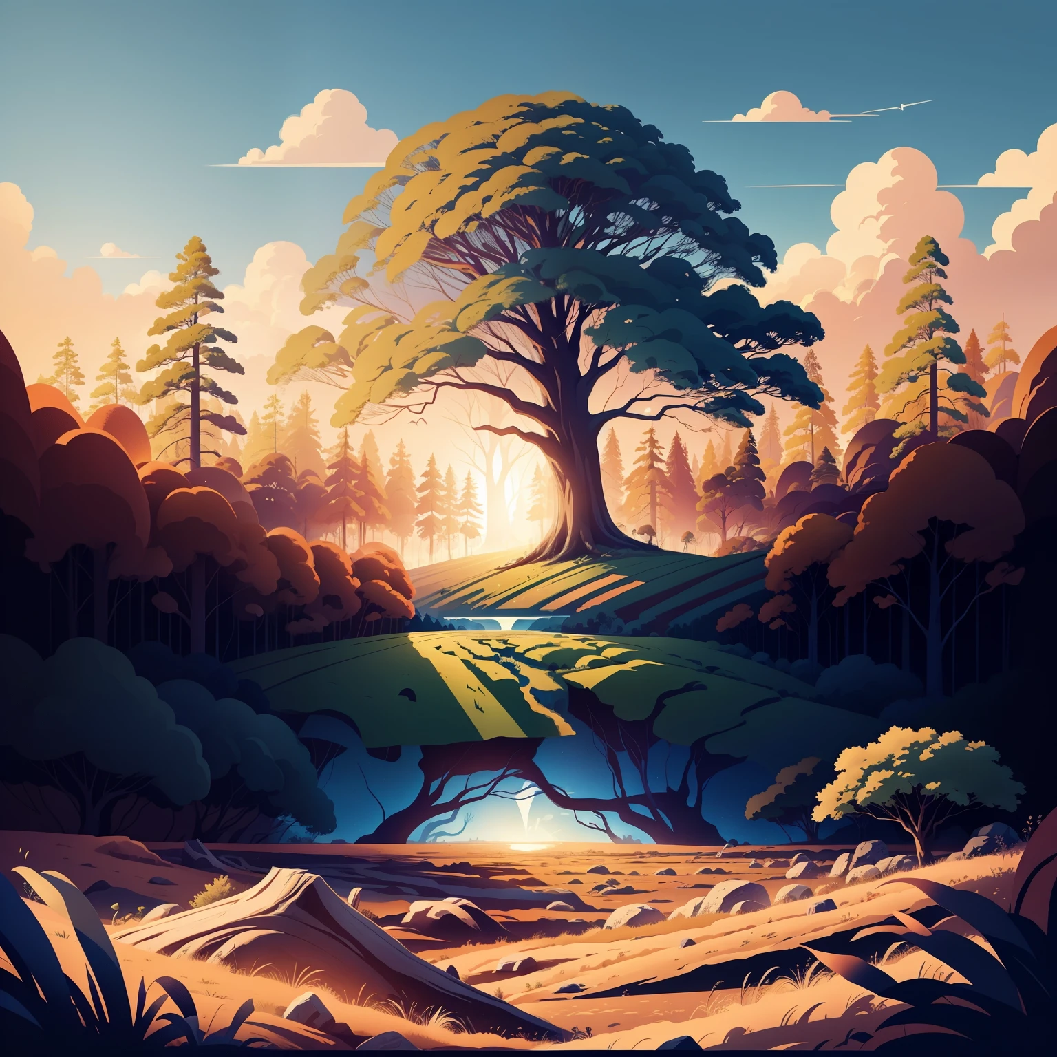 earth day poster, Flat illustration landscape Huge big river background with huge dead trees lying in the field on rough ground, bright colors, chiaroscuro, Ultra high definition, 4K, flat illustration vector art sharp focus (gigapixel) ((masterpiece)) focus angle