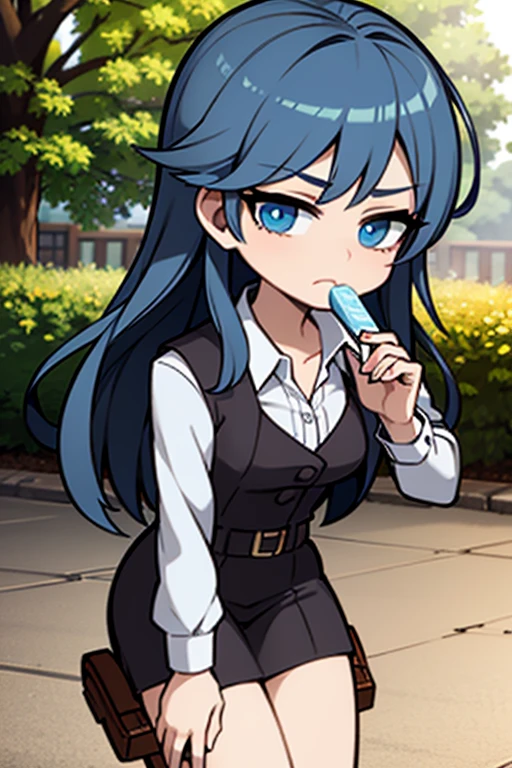 A blue haired girl with blue eyes is eating ice cream in the park
