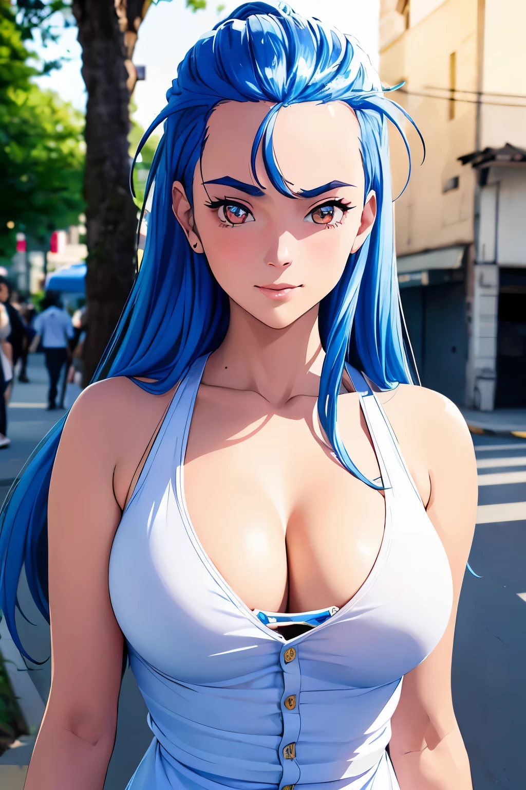 MinazukiKotoko,((a young woman１people))),(((Beautiful blue hair))),((リアルなpeople々object image)),(Reality),((best quality)),(muste piece),(highest quality),((Highest image quality)),((highest resolution)),((fine details)),((beautiful detailed face)),((angry expression:blush)),(Beautiful detailed orange eyes),((looking at the camera)),(upward glance),beautiful detailed nose,((open your mouth)),((beautiful white skin)),((wear cute clothes)),(precise arms),((big breasts)),((Accurate and beautiful upper body)),(((Photographed mainly on the face and chest))),((field:bustling street:detailed background)),