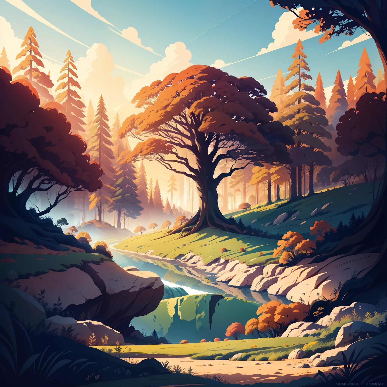 earth day poster, Flat illustration landscape Huge big river background with huge dead trees lying in the field on rough ground, bright colors, chiaroscuro, Ultra high definition, 4K, flat illustration vector art sharp focus (gigapixel) ((masterpiece)) focus angle pokemon