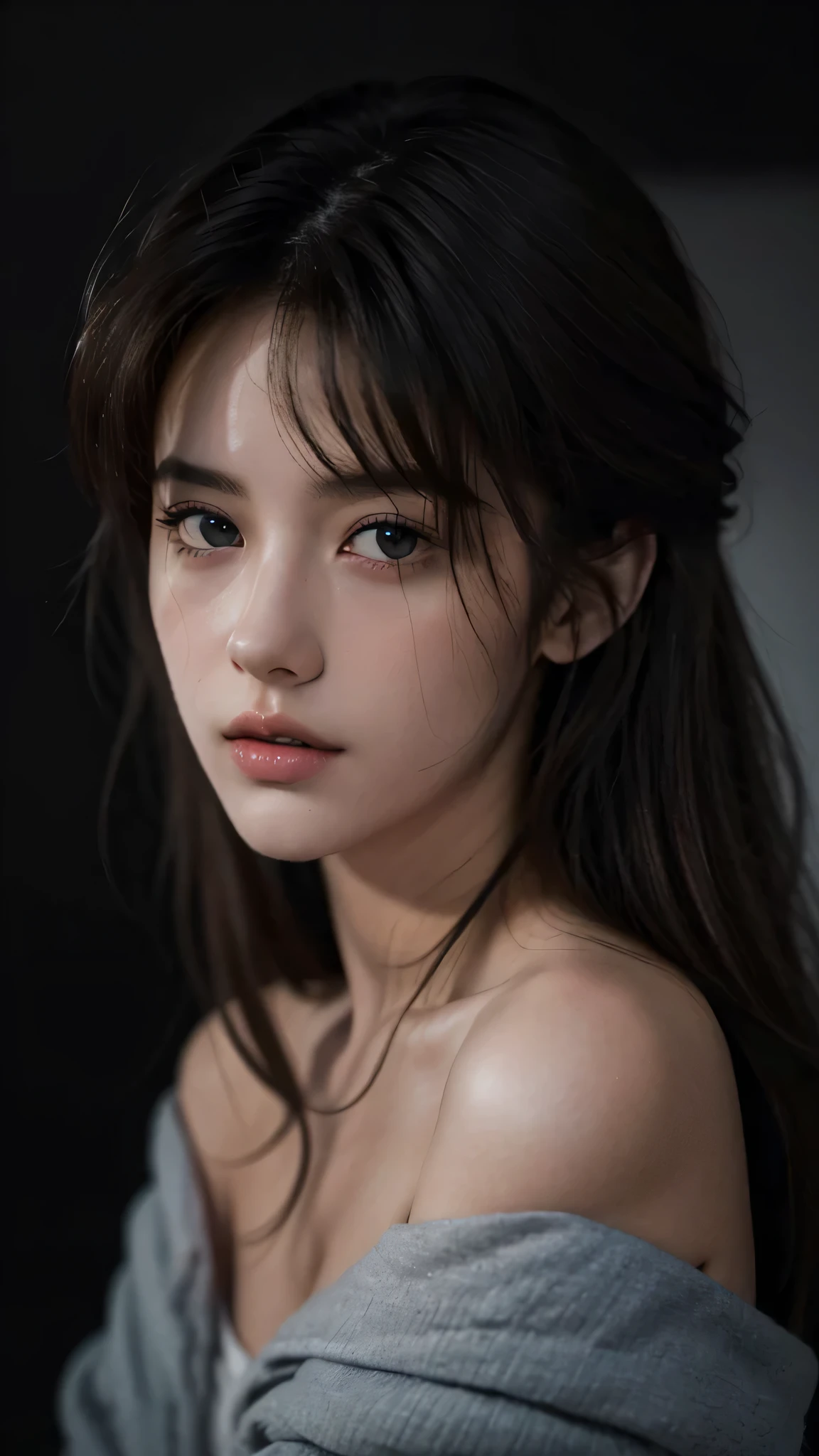 best quality, chef-d&#39;artwork, ultra high resolution, (photorealistic:1.5), Photo brute, 1fille, European type, brun, off shoulder, dans le noir, Ombre profonde, Discret, cold and dark light, avoir l&#39;air sexy, Cheveux courts, she looks at the camera, vue de face