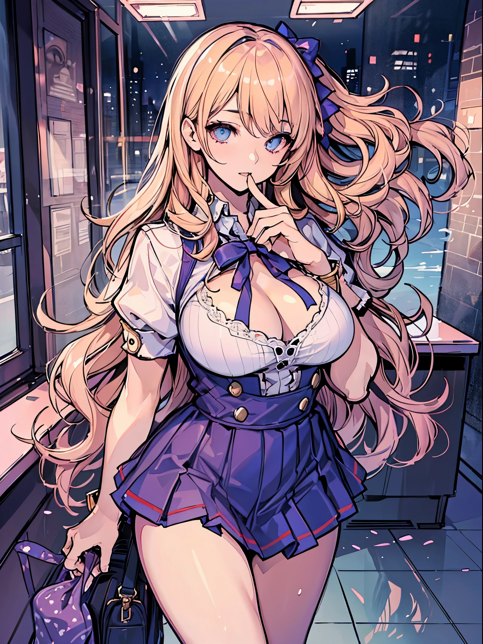 highest quality、masterpiece、Super high resolution、(photoreal:1.4)、1 girl、blonde、Full body Esbian、big and full breasts、Super exposed cleavage、erotic、erotic expression、double eyelid、Random hair color、random hairstyles、school uniform、mini skirt、JK ribbon、thin, Skinny clothes、perfect five fingers、perfect legs、