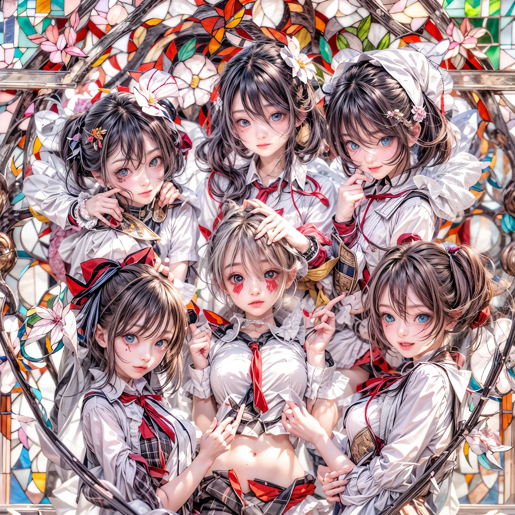 (sfw, White and Red, Acutance:0.8), Masterpiece, ((realistic and ((photorealistic:1.37)) with touch of rawness)). A group of KAWAII girls in opened school uniform without bra . (extremely detailed KAWAII face variations, joyful expression variations), { Navel | pretty Ass | Overflowing underboob | (White panties) with blood only in crotch area | (full of Flowers covering girl's body) | (Dazzling colorful stained glass with delicate details:1.2) } . (Exposed:1.2), ((nipple:-0.9)), (not Detailed fingers:-0.9) .