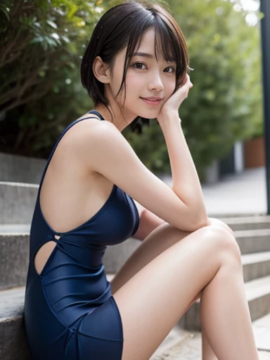 muste piece, Top quality, 8K, , japanese girl, slender, Raw photo, absurd, award-winning portraits, (detailed face, shy smile), solo,navy blue swimwear mini dress, soaking wet、wet body、soaking wet、wet body、idol face, super mini skirt, slim legs, shoes,  whole body shot from the bottom of the stairs, whole body shot from a Low - Angle, detailed face), refreshing shy smile, slender girl, Golden short-cut hair, dark eyes, whole body, digital single lens reflex, look at the viewer, Frank, sophisticated, like々New, perfect whole body balance, (Low - Angle), professional lighting, (Eye and face details: 1.0), (It&#39;s blurry: 1.1)