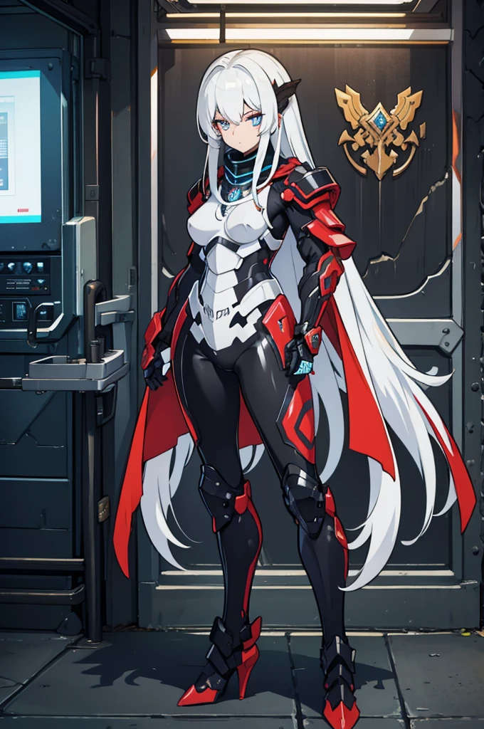 Frauen, Gesicht, White hair, Armor of the Copper Dragon, Maske, Rote Augen, High quality, super detailliert, Super Holy Armor, Vorderseite, Helles Bild, mehr Vorderseite, 4 Drachenflügel, mehr vorne, black armor, Roter-Kupfer Verzierung, Cyberpunk, Neon, metallisch, fullbody view