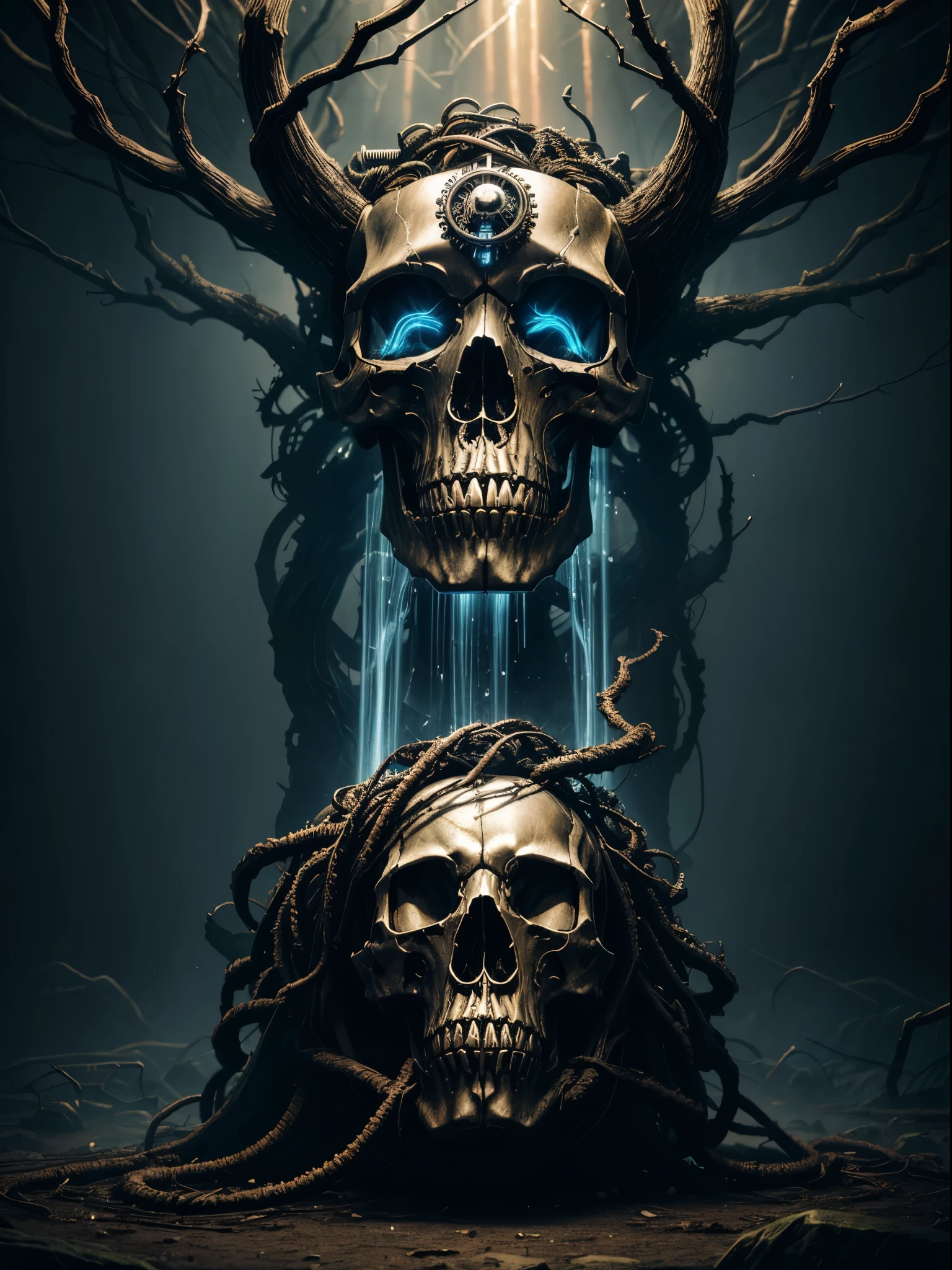 (Best picture quality, 4K, 8K, High resolution, Masterpiece: 1.2), ultra detailed, realistic: 1.37, a metal skull head, an altar composed of abstract twisted roots pulling a very large (mysterious skull made of metal), above the skull an eerie waterfall, (rainbow, rainbow around the skull), full of energy, circular composition illustrates the effects of various structural forces, alone, steampunk decorative elements, dreamlike decorative combinations,