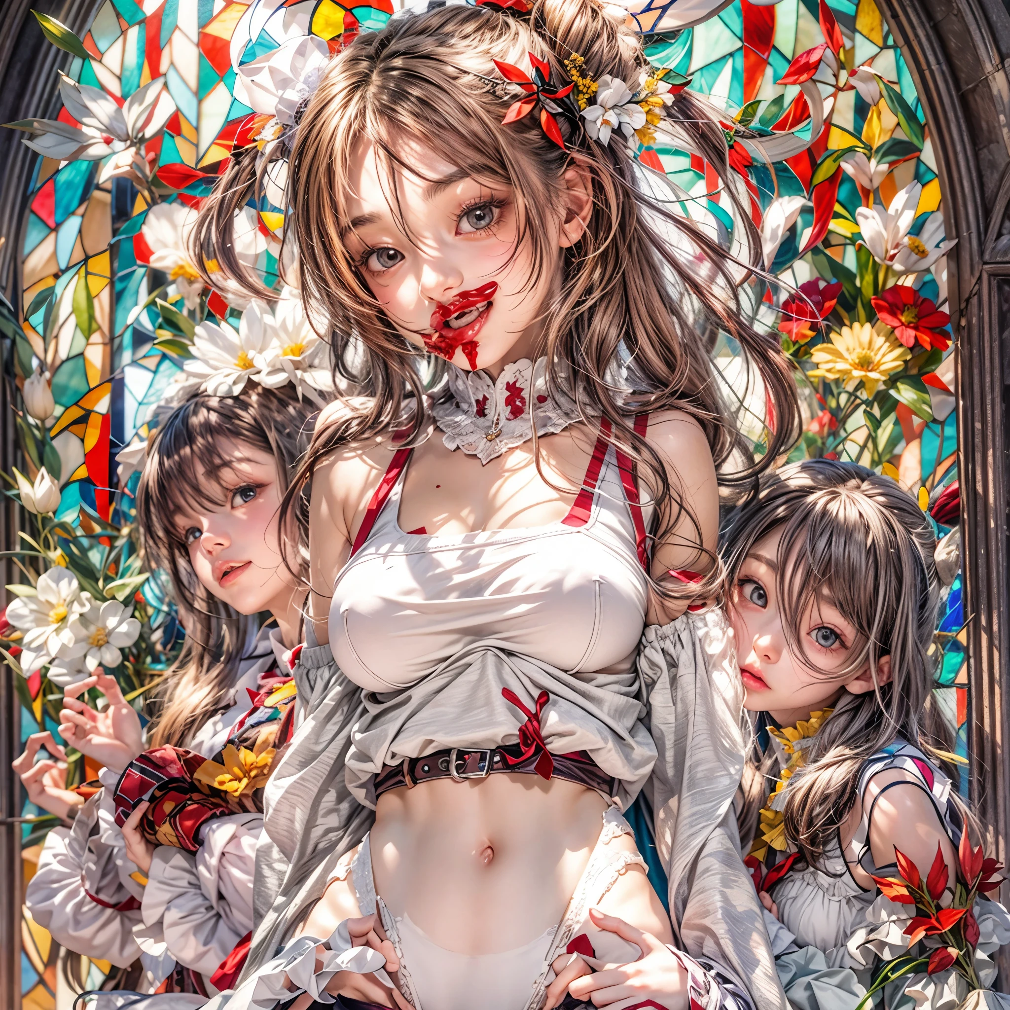 (sfw, White and Red, Acutance:0.8), Masterpiece, ((realistic and ((photorealistic:1.37)) with touch of rawness)). A group of KAWAII girls in opened school uniform without bra . (extremely detailed KAWAII face variations, joyful expression variations), { Navel | pretty Ass | Overflowing underboob | (White panties) with blood only in crotch area | (full of Flowers covering girl's body) | (Dazzling colorful stained glass with delicate details:1.2) } . (Exposed:1.2), ((nipple:-0.9)), (not Detailed fingers:-0.9) .