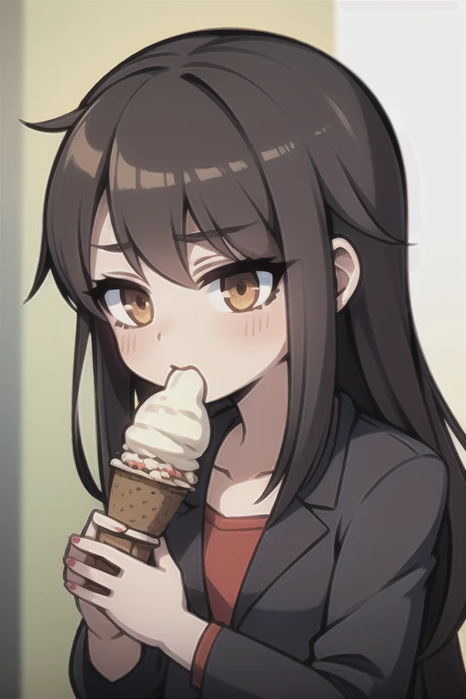 A black haired girl with brown  eyes is eating ice cream in the park
