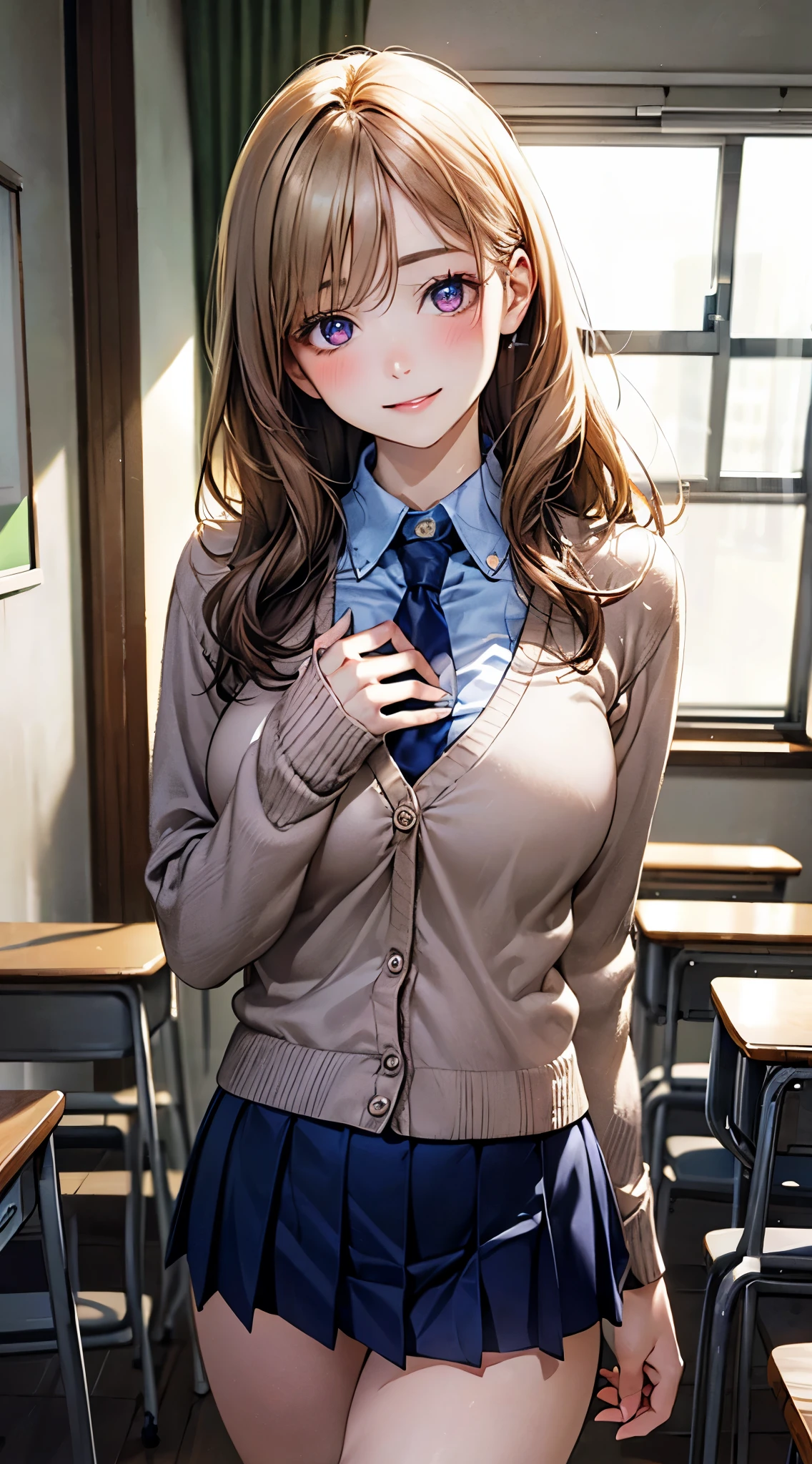 (masterpiece:1.2, top-quality), (realistic, photorealistic:1.4), beautiful illustration, (natural side lighting, movie lighting), NSFW, 
looking at viewer, cowboy shot, front view:0.6, 1 girl, japanese, high school girl, perfect face, cute and symmetrical face, shiny skin, 
(long hair:1.8, straight hair:1.7, blond hair), asymmetrical bangs, purple eyes, (large breasts:1.1, thick thighs), 
beautiful hair, beautiful face, beautiful detailed eyes, beautiful clavicle, beautiful body, beautiful chest, beautiful thigh, beautiful legs, beautiful fingers, 
((light blue collared shirts, navy pleated mini skirt, socks, navy tie, light brown cardigan)), pink panties, 
(beautiful scenery), evening, school, classroom, curtains, walking, hands on chest, (lovely smile, upper eyes), 