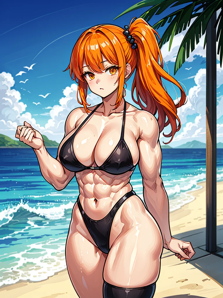 (((masterpiece、Highest image quality、highest quality、highly detailed unity 8kwallpaper)))、((Illustration of one girl))、(((beautiful girl)))、((orange hair、side ponytail、orange eyes))、(stocky build, thickset physique, muscular legs, broad shoulders, solid chest)、swimsuit、sandy beach