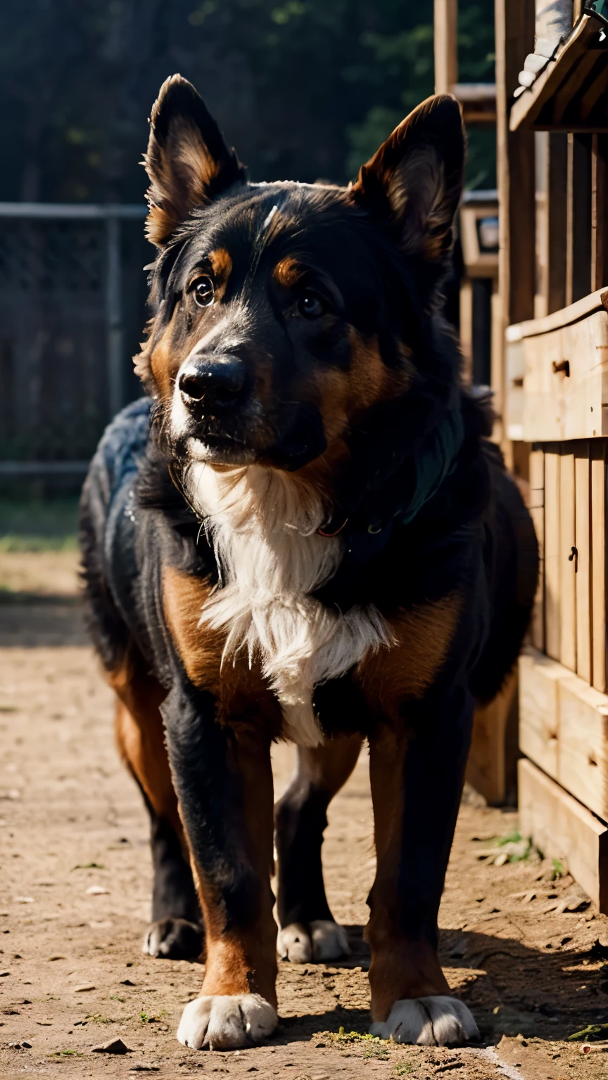 Create a detailed image of the new dog breed resulting from the cross between a German Shepherd and a Bernese Mountain Dog. The photograph, in a 9:16 aspect ratio, should highlight the physical characteristics of the German Shepherd with the distinctive colors of the Bernese Mountain Dog. The dark, cinematic background should focus on the dog's entire body, highlighting its unique features.