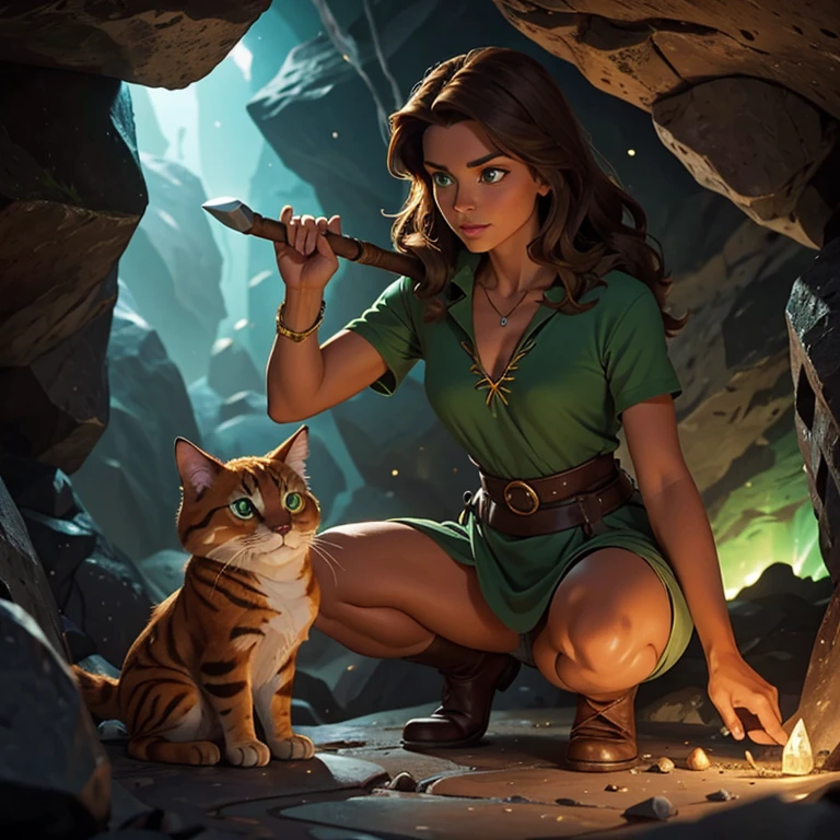 Chat (animal ) in a precious rock cave , a pickaxe right next to its paws. Magical and rocky setting with lots of precious stones lighting up the cave. Next to this tall, brown-haired woman with green eyes dressed as a geologist
