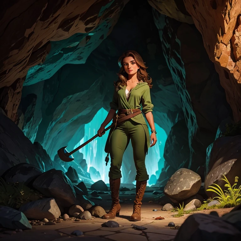 Chat (animal ) in a precious rock cave , a pickaxe right next to its paws. Magical and rocky setting with lots of precious stones lighting up the cave. Next to this tall, brown-haired woman with green eyes dressed as a geologist