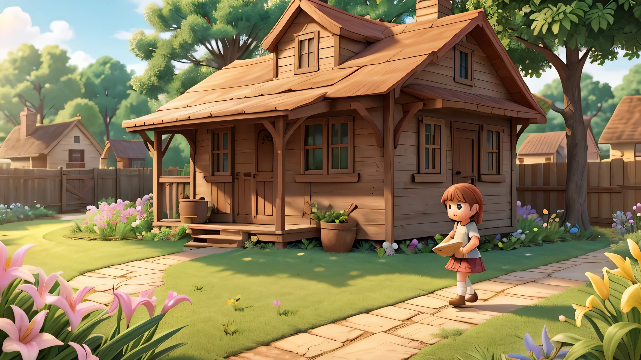 Illustrate a charming backyard scene on a sunny afternoon, where a curious young girl named Lily stumbles upon an old, weathered map near a garden shed. Captivate the sense of adventure and curiosity in Lily's expression as she examines the mysterious map.