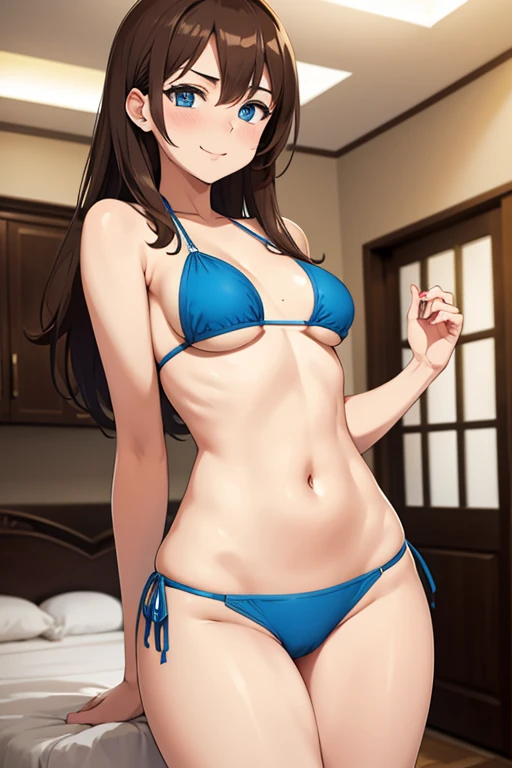 one Rebecca, ((brown hair)), ((blue eyes)), ((small perky boobs)), ((sexy hourglass figure)), ((wearing bikini)), waifu, dominatrix, smiling seductively and naughtily, looking down at the camera, far from the camera