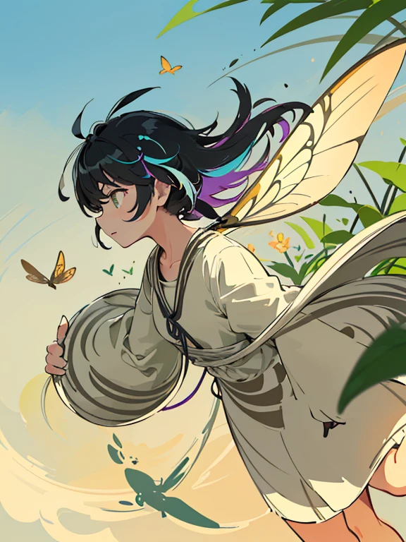 A random woman is floating with a large diffused random bird..、amazing dynamism、amazing angle、unstable random vector sandstorm、(((Lots of friendly large random texture random plants floating and chasing)))、(((chasing each other'random color paint random insect random texture)))