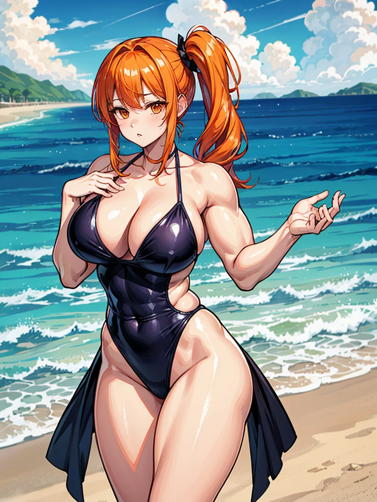 (((masterpiece、Highest image quality、highest quality、highly detailed unity 8kwallpaper)))、((Illustration of one girl))、(((beautiful girl)))、((orange hair、side ponytail、orange eyes))、(((stocky build:1.2, thickset physique, muscular legs, broad shoulders, solid chest)))、swimsuit、sandy beach