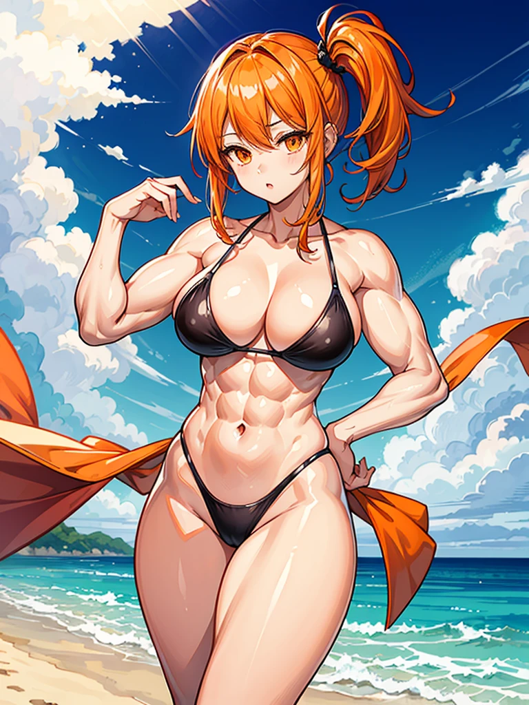 (((masterpiece、Highest image quality、highest quality、highly detailed unity 8kwallpaper)))、((Illustration of one girl))、(((beautiful girl)))、((orange hair、side ponytail、orange eyes))、(((stocky build:1.2, thickset physique, muscular legs, broad shoulders, solid chest)))、swimsuit、sandy beach
