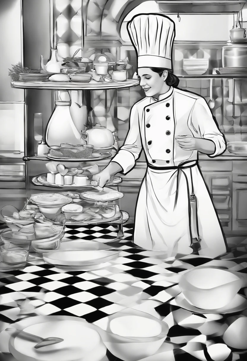  imagem em preto e branco apresenta um cozinheiro cheff homem muito bonito,60 anos,olhos verdes claros bem definidos, expression of happiness,pessoa em vista frontal, vestindo um uniforme completo de chef. The uniform is predominantly black, with white details along the edges and white buttons. A plaid apron is tied around the person&#39;s waist. The person is wearing a traditional tall chef&#39;s hat, which is also chess The background of the image is a completely white gastronomy scene, destacando o sujeito,intrincado,8k