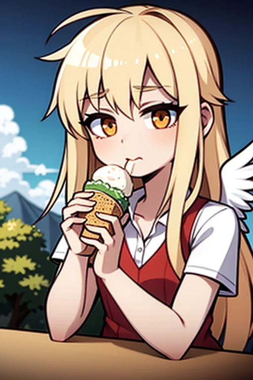 A light golden haired young female angel with hazel eyes and white wings is eating ice cream in the park