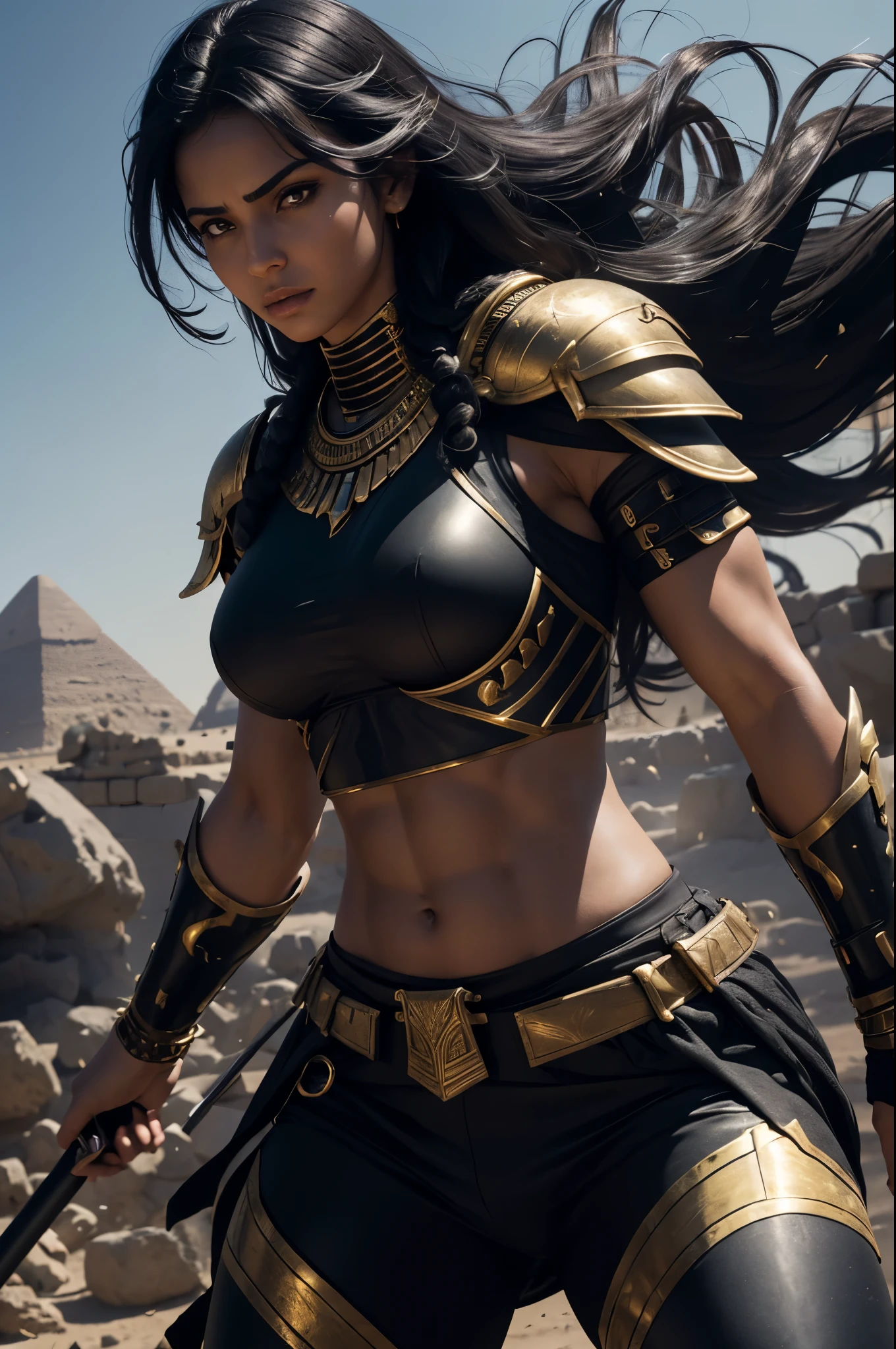 8K,Egyptian female warrior with very big breasts,Super beautiful(like the real thing),black very large chest armor,realistic skin,luxury black pants,Has a large, long black spear,red and white tattoos all over the body(most),sexy,muscular slim body,ripped abs,black shoulder armor,black waist armor,black leg armor,desert, rich colors, Backlight, cinematic lighting, film grain, RAW, 50mm lens,nikon　D850,ultra high resolution,Super realistic,Egyptian goddess,battle scene,action scene,action pose,tie hair back,looking down at very large breasts,close up of chest,