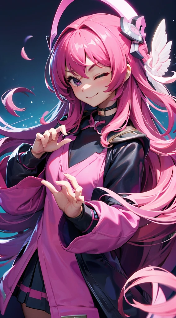 best quality, masterpiece, 1girl yunaka, one eye closed, smirking, detailed hands, star