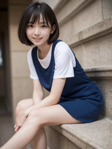 muste piece, Top quality, 8K, 15 years old, japanese girl, slender, Raw photo, absurd, award-winning portraits, (detailed face, shy smile), solo,navy blue sport mini dress, soaking wet、wet body、short sleeve, soaking wet、wet body、idol face, super mini skirt, slim legs, shoes, whole body shot from the bottom of the stairs, whole body shot from a Low - Angle, detailed face), refreshing shy smile, slender girl, Golden short-cut hair, dark eyes, whole body, digital single lens reflex, look at the viewer, Frank, sophisticated, like々New, perfect whole body balance, (Low - Angle), professional lighting, (Eye and face details: 1.0), (It's blurry: 1.1)