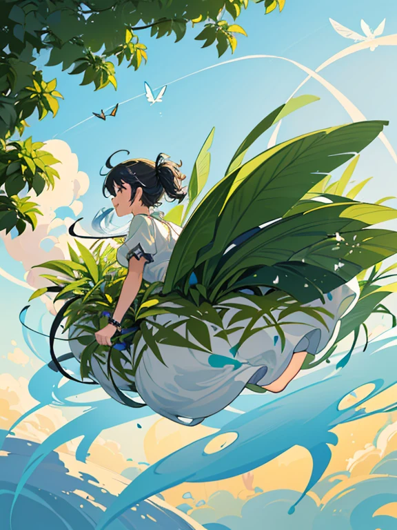 A random woman is floating with a large diffused random bird..、amazing dynamism、amazing angle、unstable random vector sandstorm、(((Lots of friendly large random structure random plants floating and chasing)))、(((surround each other'random color paint random insect random temperature)))