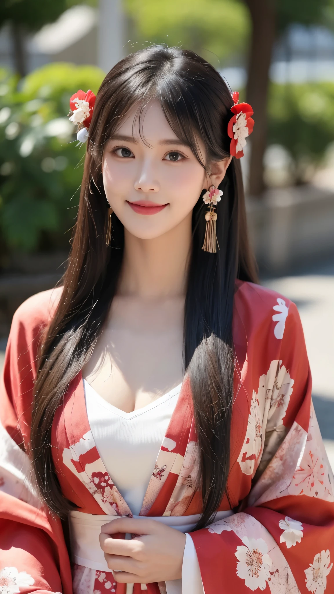 1girl,solo,looking at viewer,long hair,bangs,floral print,seductive smile, hair ornament,blush,jewelry,earrings,closed mouth,japanese clothes,black hair,kimono,tassel,upper body,red kimono,