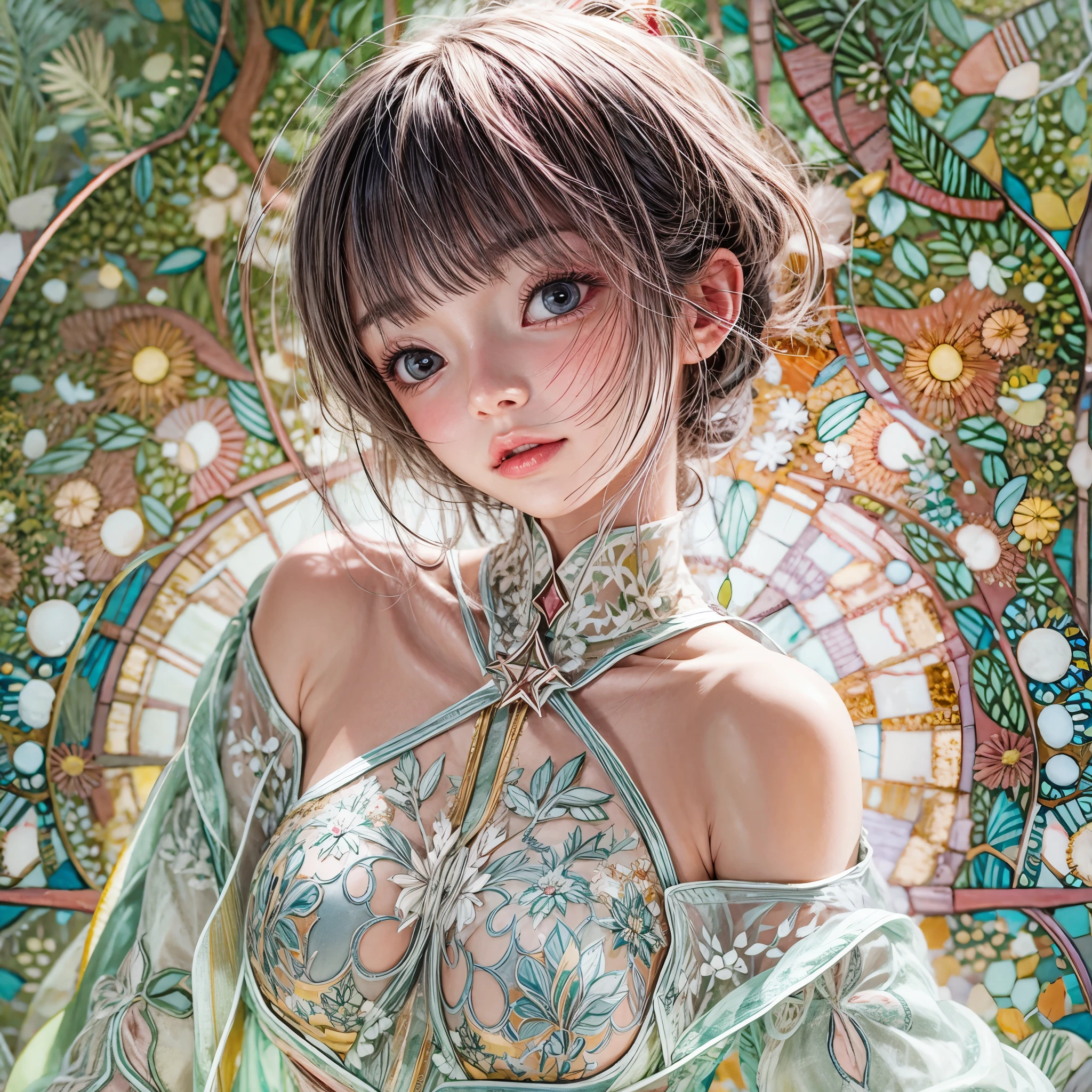Sexy girl in ((WHITE)) and Delicate lace underwear, with Glossy RED lips, (Exposed:1.2), (nipple:-0.9), { closeup of Cute lips | Dynamic-angle }, ((Dazzling stained glass Background)), (( colorful Light shines through stunning elaborate stained glass:1.2)), vivid Red colors . ((Acutance:0.8, physically-based rendering)), (masterpiece:1.2), (ultra-detailed:1.35), (realistic, photorealistic, ((photo-realistic:1.37))with touch of rawness) . ((Renbutsu Misako)), (Extremely detailed KAWAII face variations, with Dynamic expressions),  detailed eyes with sparkling highlights, captivating gaze, long eyelashes, subtle blush on the face, rosy cheeks, impeccable oiled ivory skin texture . { full of flowers covering girl's body | Mystic sight | haze | Light Particle | Lens Particle | Lens Flare | Dazzling angle's Halo | (Red leather) high collar | Overflowing sideboob } . ((( not Detailed fingers:-0.9))) .