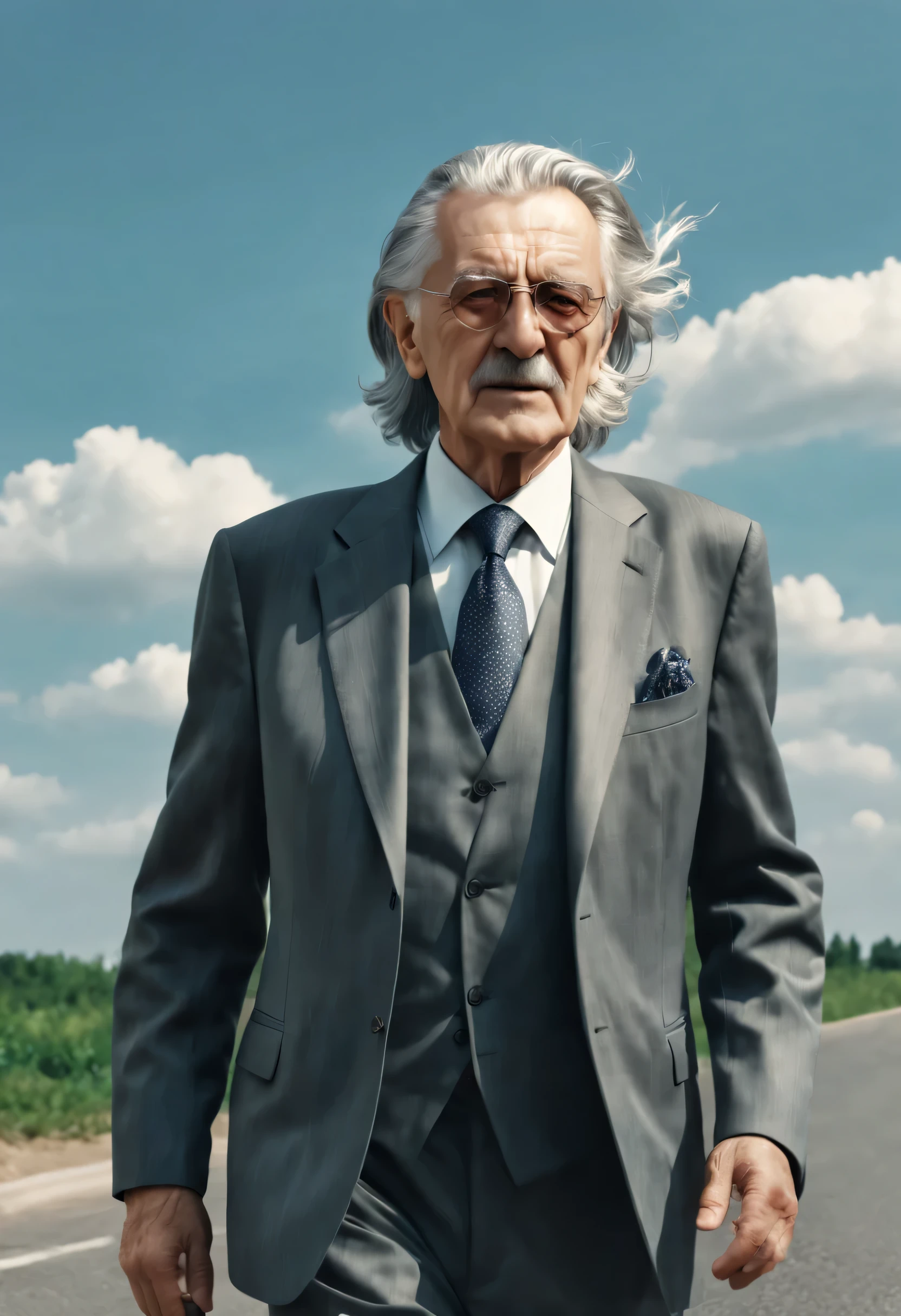 hyper-realistic image,full-length portrait of an elderly man in a suit,long gray hair flutters in the wind,professional camera,sharpness before the eyes,HDR,8K