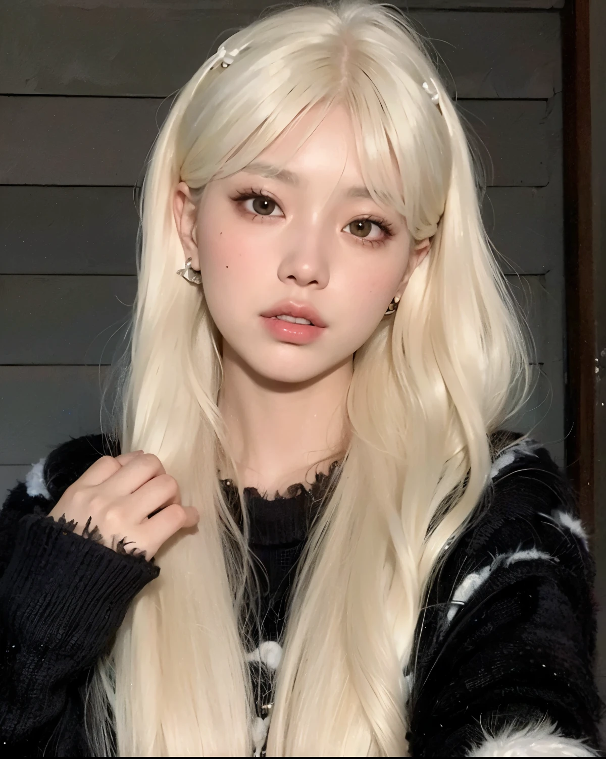a close-up of a person with long blonde hair and a black and white sweater, longos cabelos brancos e franja, Ulzzang, penteado com corte hime branco, franja branca, Lalisa Manobal, cabelo loiro extremamente claro, com cabelos longos brancos, cabelo loiro muito claro, com longos cabelos brancos, Menina coreana, menina com cabelo branco, parque roseanne de blackpink