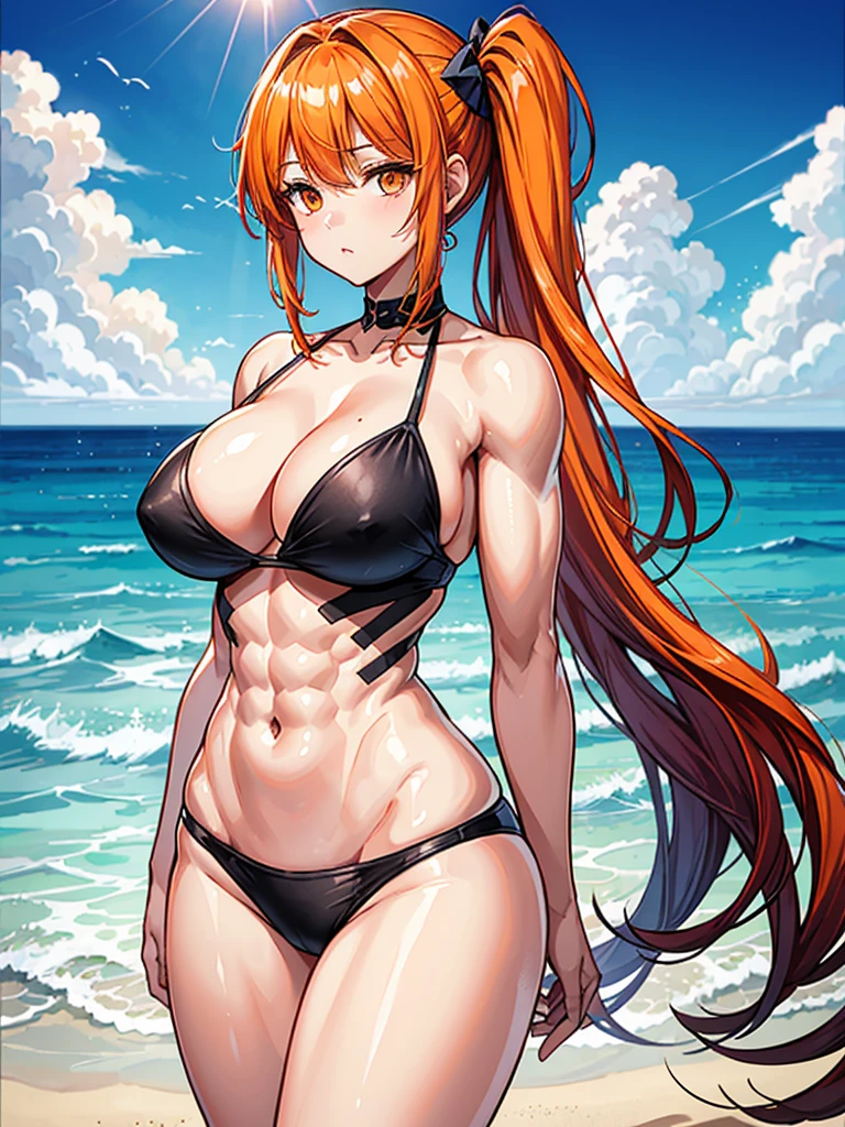 (((masterpiece、Highest image quality、highest quality、highly detailed unity 8kwallpaper)))、((Illustration of one girl))、(((beautiful girl)))、((orange hair、side ponytail、orange eyes))、(((stocky build:1.2, thickset physique, muscular legs, broad shoulders, solid chest)))、swimsuit、sandy beach