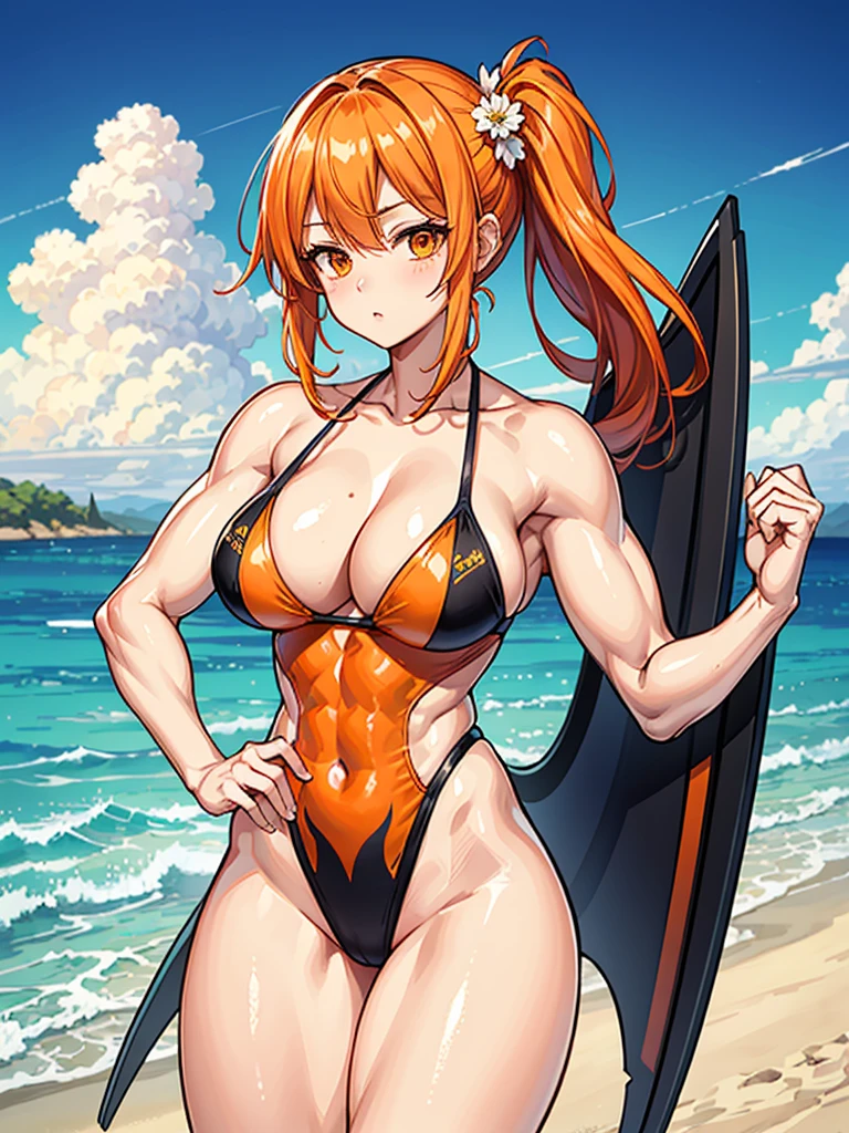 (((masterpiece、Highest image quality、highest quality、highly detailed unity 8kwallpaper)))、((Illustration of one girl))、(((beautiful girl)))、((orange hair、side ponytail、orange eyes))、(((stocky build:1.2, thickset physique, muscular legs, broad shoulders, solid chest)))、swimsuit、sandy beach
