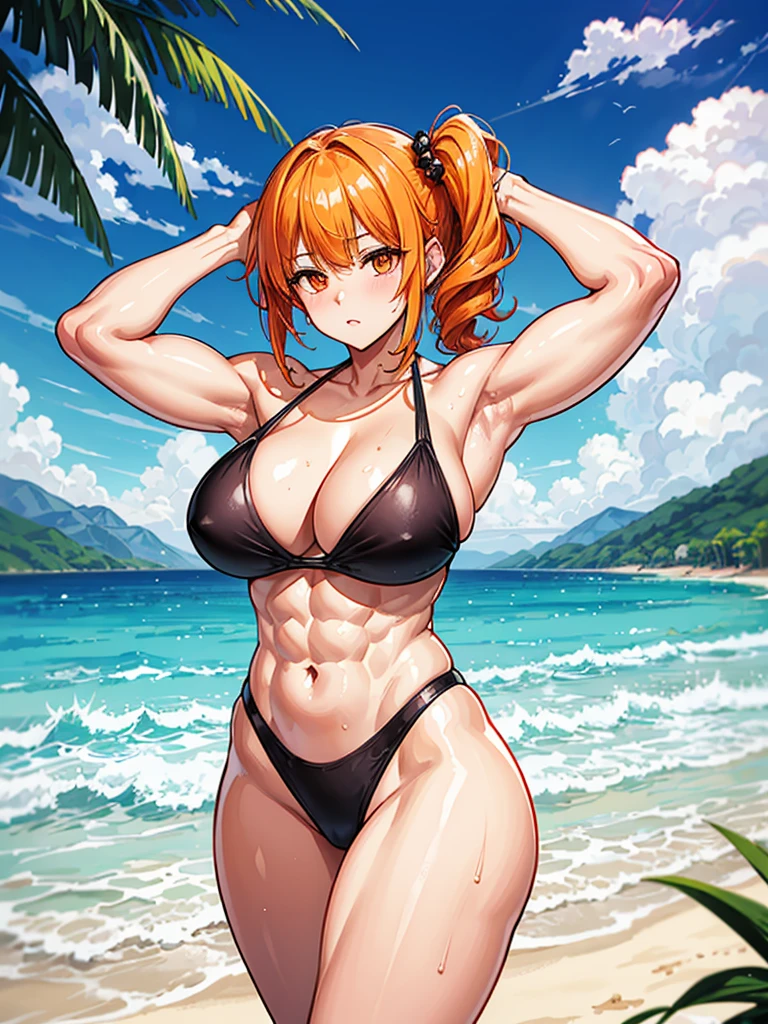 （（（masterpiece、Highest image quality、highest quality、highly detailed unity 8ｋwallpaper）））、（（Illustration of one girl））、（（（beautiful girl）））、（（orange hair、side ponytail、orange eyes））、（（（stocky build：1.2, thickset physique, muscular legs, broad shoulders, solid chest）））、swimsuit、sandy beach