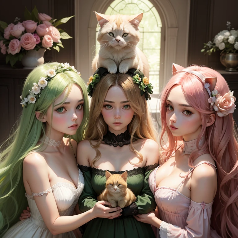 Femme féerique au yeux vert, longue robe fleurie, cheveux lisse et brun ombré blond avec un petit chat (animal) dans les bras, couronnes de fleur, décors verdoyant et magique , image en mode portrait