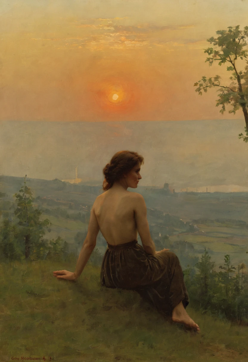 Sonnen Untergang, Woman sits on a hill, With your back to the viewer ,Nackt , Beautiful, Blickt in die Ferne, Heimat