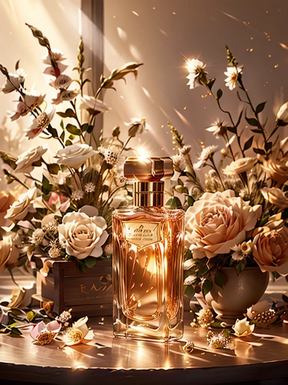 Create a luxurious and alluring photograph that captures the essence of our sweet rose perfume. Set the stage with a lavish, golden-hued background and soft, diffused lighting to evoke a sense of opulence. Place an exquisitely designed perfume bottle prominently in the frame, adorned with delicate rose petals, and capture a moment where a fine mist of the fragrance envelops the scene, creating an aura of elegance and indulgence