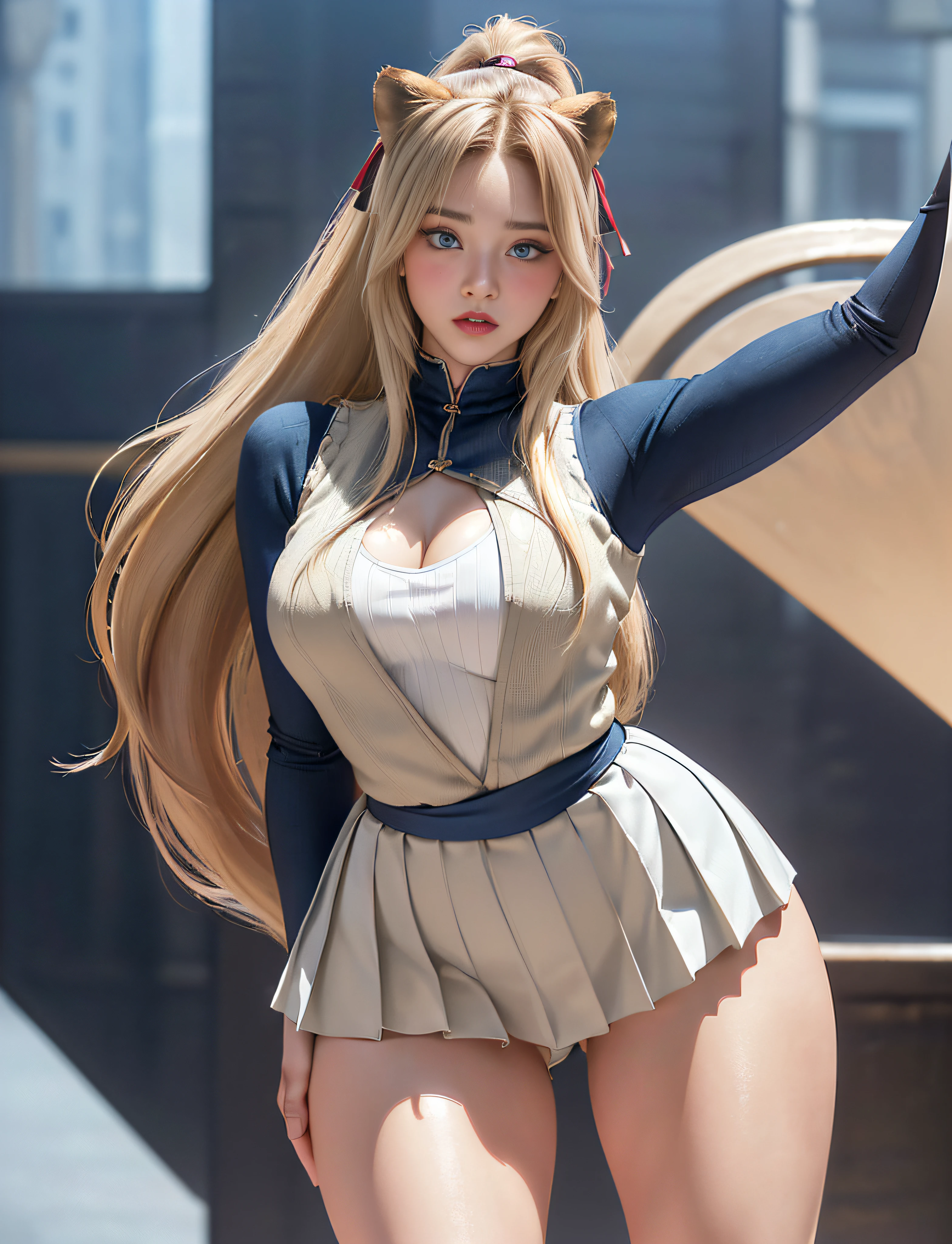 very detailed RAW color photo, (((1 girl))), (((alone))), (((29 years))), ((athletic)), ((very defined toned physique)), (((very defined and beautiful muscular body)), (((very detailed perfect body))), (((small and defined breasts))), (((ultra defined curves))), (((superior quality, 8k, masterpiece: 1.3)), sharp focus: 1.2, (((extremely beautiful girl with perfect figure: 1.4))), ((very thin waist: 1.2)), ultra detailed skin texture, ((smooth and soft skin)), (ultra detailed fabric texture), extremely beautiful ultra detailed face, (((extremely beautiful))), intricate details, ultra detailed, (((girl wearing a tight winter vest with a pleated miniskirt))), (((extremely long straight blonde hair))), extremely beautiful, (((extra long ponytail with bangs))), ((very detailed and beautiful lion ears)), (hair on the face), ((hair ribbon)), dynamic pose, ((uniform leaves thighs exposed)), ((ultra detailed legs)), (((ultra detailed waist))), (((very wide hips))), (((very thick thighs))), (sexy), (((extreme hourglass figure))), (((very thick heart lips))), (red lipstick)), ((ultra detailed lips)), ((ultra detailed blue eyes)), ((angry look)), (((staring at the viewer))), ultra detailed provocative mouth, Extremely beautiful seductive lips, ((blushing)), (makeup), (((ultra defined waist))), eye shadow, (full body shot), (military boots)