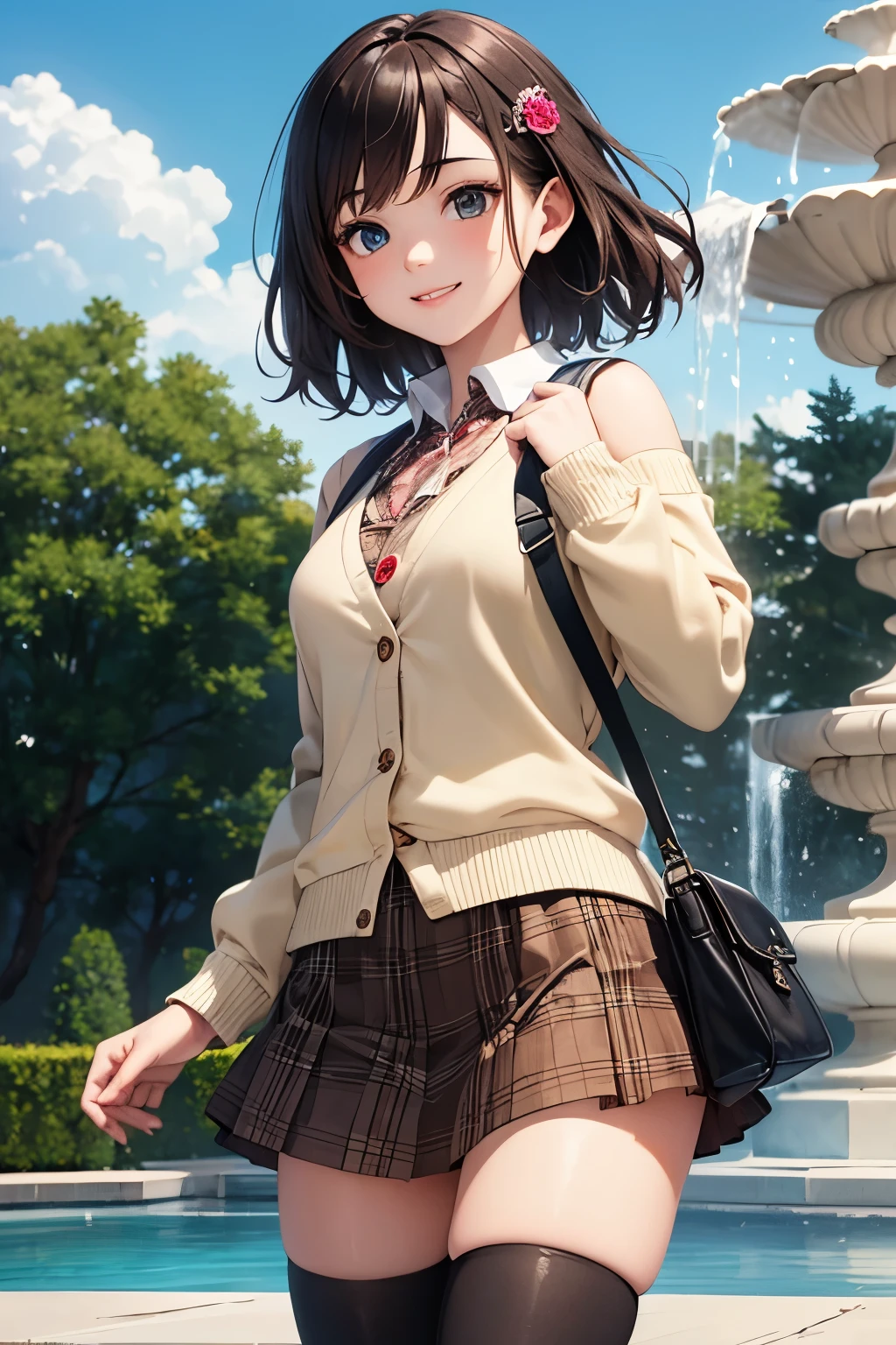 very cute and beautiful girl,teen,(highly detailed beautiful face and eyes:1.2),(white blouse),smile,
(beige cardigan:1.2) BREAK (brown shoulder bag),(brown plaid mini skirt:1.2),zettai ryouiki,
dynamic pose,dynamic angle,hair ornament,black hair,black boots,arbor in rose garden,water fountain,
(best quality,masterpiece:1.2),(intricate details:1.2),extremely detailed,highres,solo,
cinematic scene,hair fluttering in the wind,beautiful detailed sky,
