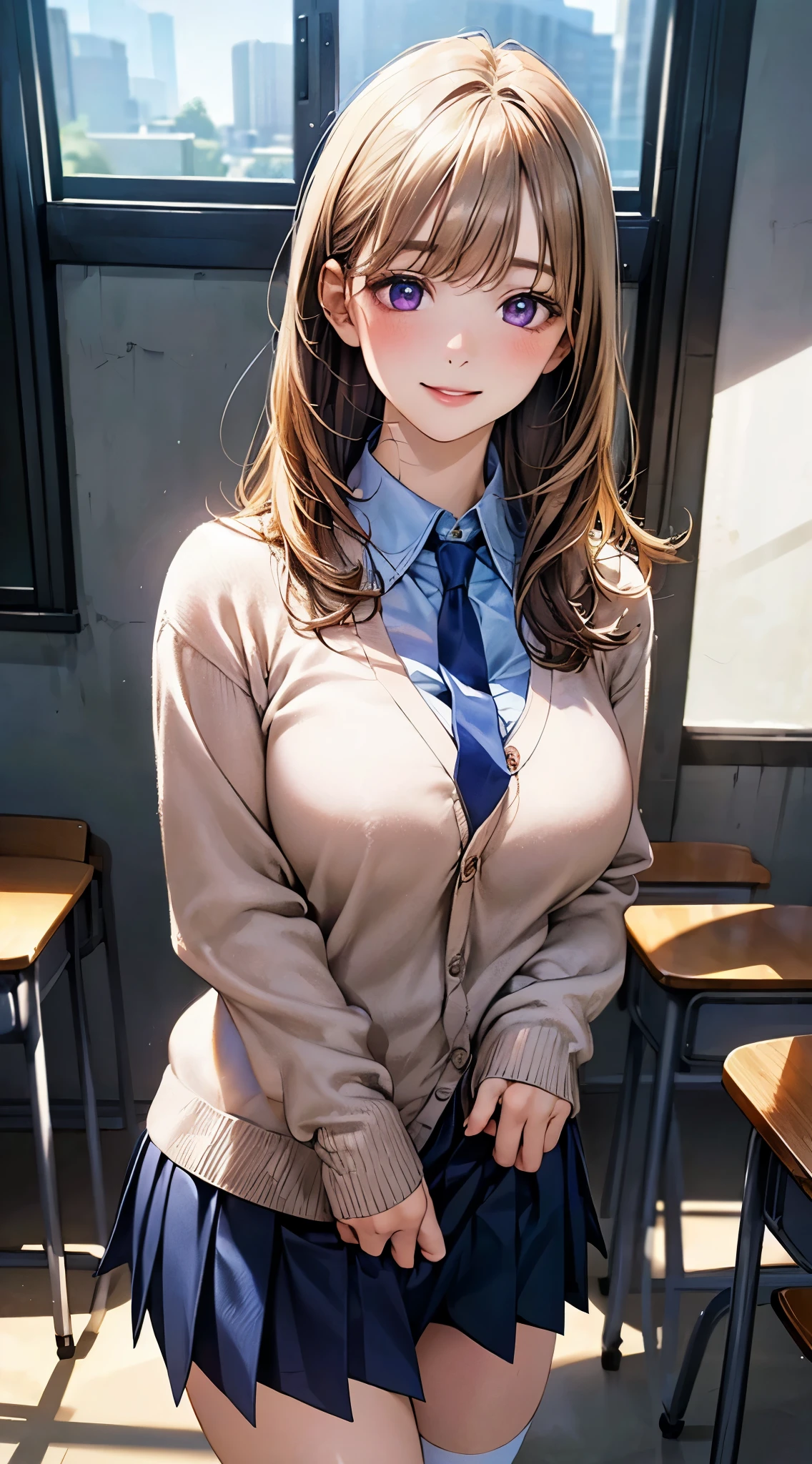 (masterpiece:1.2, top-quality), (realistic, photorealistic:1.4), beautiful illustration, (natural side lighting, movie lighting), NSFW,
looking at viewer, cowboy shot, front view:0.6, 1 girl, japanese, high school girl, perfect face, cute and symmetrical face, shiny skin,
(long hair:1.8, straight hair:1.7, blond hair), asymmetrical bangs, purple eyes, (large breasts:1.1, thick thighs),
beautiful hair, beautiful face, beautiful detailed eyes, beautiful clavicle, beautiful body, beautiful chest, beautiful thigh, beautiful legs, beautiful fingers,
((light blue collared shirts, navy pleated mini skirt, socks, navy tie, light brown cardigan)), pink panties,
(beautiful scenery), evening, school, classroom, curtains, walking, hands on chest, (lovely smile, upper eyes),