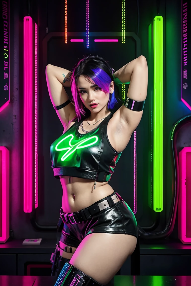 there a woman standing with a rainbow light, 3 d neon art of a womans body, neon-noir background, cyberpunk femme fatale, seductive cyberpunk dark fantasy, cyberpunk strip clubs, cyberpunk 20 y. o model girl, oppai cyberpunk, banner, high definition cgsociety, cgsociety masterpiece, trending on cgstation, kda