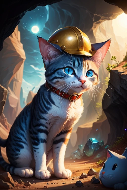 A blue-eyed cat in cartoon style with a miner's helmet on his head, cave with gemstones illuminating the cave, une pioche au sol