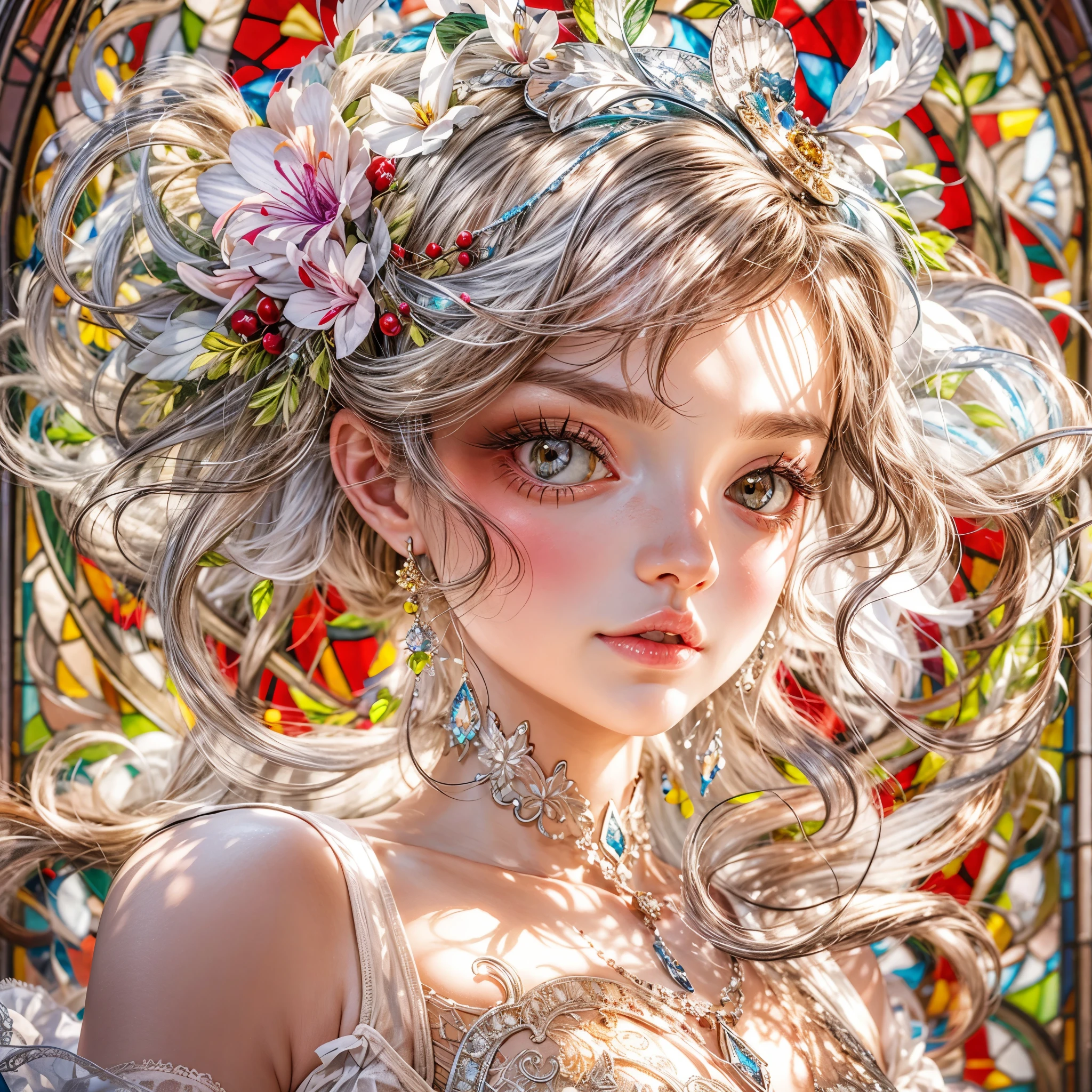Sexy girl in ((WHITE)) and Delicate lace underwear, with Glossy RED lips, (Exposed:1.2), (nipple:-0.9), { closeup of Cute lips | Dynamic-angle }, ((Dazzling stained glass Background)), (( colorful Light shines through stunning elaborate stained glass:1.2)), vivid Red colors . ((Acutance:0.8, physically-based rendering)), (masterpiece:1.2), (ultra-detailed:1.35), (realistic, photorealistic, ((photo-realistic:1.37))with touch of rawness) . ((Renbutsu Misako)), (Extremely detailed KAWAII face variations, with Dynamic expressions),  detailed eyes with sparkling highlights, captivating gaze, long eyelashes, subtle blush on the face, rosy cheeks, impeccable oiled ivory skin texture . { full of flowers covering girl's body | Mystic sight | haze | Light Particle | Lens Particle | Lens Flare | Dazzling angle's Halo | Overflowing sideboob } . (((large eyes:-0.8))),((( not Detailed fingers:-0.9))) .