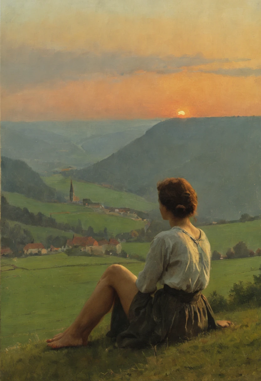 Sonnen Untergang, Woman sits on a hill, With your back to the viewer ,Nackt , Beautiful, Blickt in die Ferne, Heimat,Deutschland,Kreidefelsen,to reprimand,