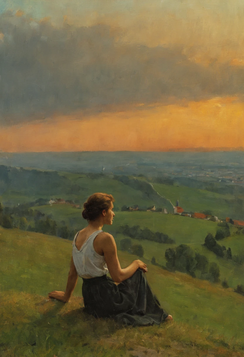 Sonnen Untergang, Woman sits on a hill, With your back to the viewer ,Nackt , Beautiful, Blickt in die Ferne, Heimat