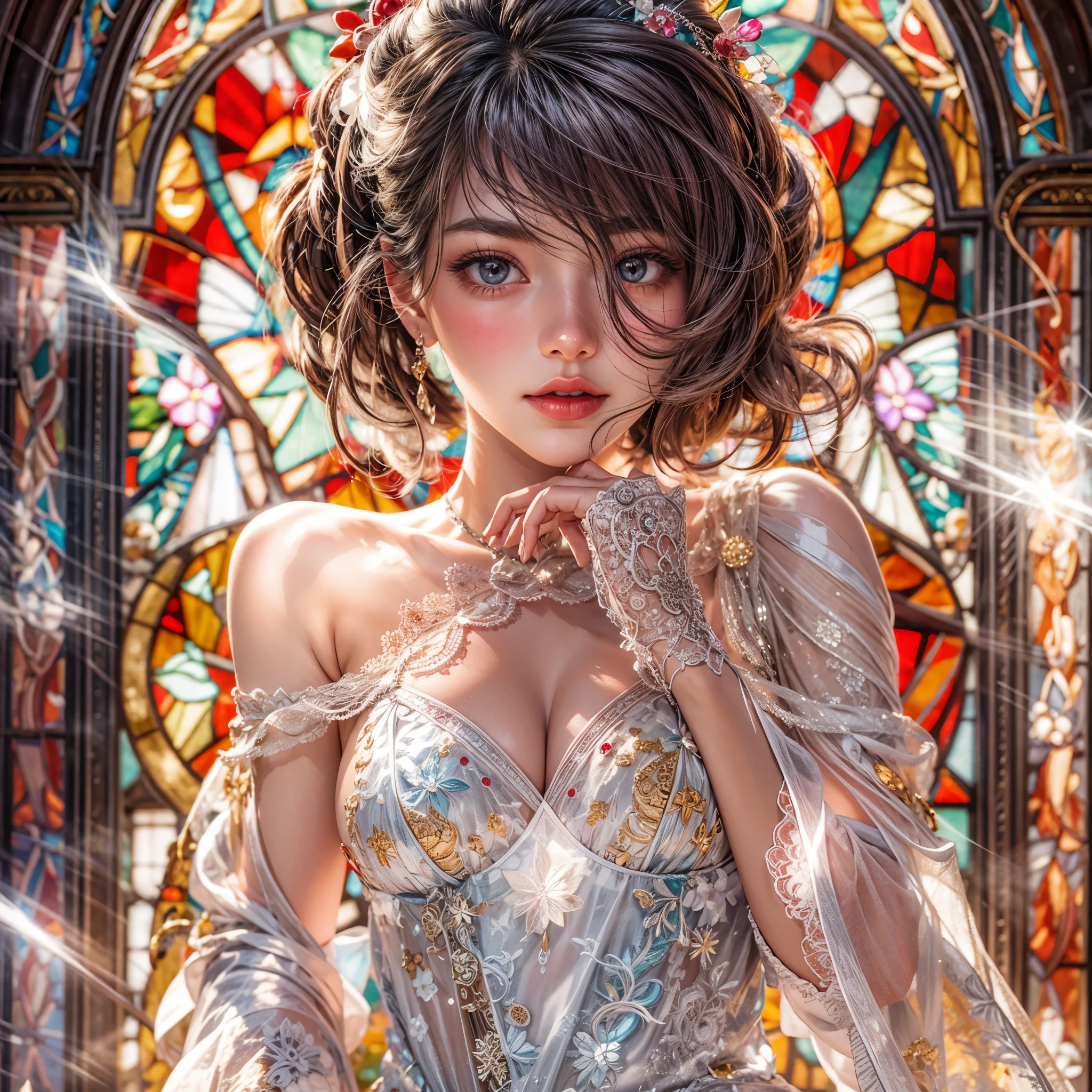 Sexy girl in ((WHITE)) and Delicate lace underwear, with Glossy RED lips, (Exposed:1.2), (nipple:-0.9), { closeup of Cute lips | Dynamic-angle }, ((Dazzling stained glass Background)), (( colorful Light shines through stunning elaborate stained glass:1.2)), vivid Red colors . ((Acutance:0.8, physically-based rendering)), (masterpiece:1.2), (ultra-detailed:1.35), (realistic, photorealistic, ((photo-realistic:1.37))with touch of rawness) . ((Renbutsu Misako)), (Extremely detailed KAWAII face variations, with Dynamic expressions), detailed eyes with sparkling highlights, captivating gaze, long eyelashes, subtle blush on the face, rosy cheeks, impeccable oiled ivory skin texture . { full of flowers covering girl's body | Mystic sight | haze | Light Particle | Lens Particle | Lens Flare | Dazzling angle's Halo | Overflowing sideboob } . (((large eyes:-0.8))),((( not Detailed fingers:-0.9))) .