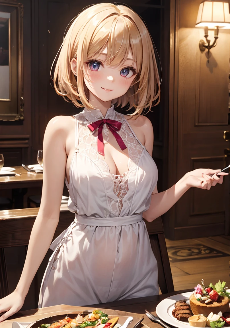 masterpiece, absurdres, best quality, ultra detailed, high Resolution, detailed illustration, extremely beautiful detailed face and eyes, bright colour, 1girl, (loli), cute face, Delicate beautiful face, magenta eyes, cute eyes, sparkling eyes, big eyes, medium breasts, (perky breasts:1.1), (pointy breasts:1.1), medium hips, glamorous body, white skin, Smile, BREAK, long bob cut, (blonde hair:0.8), messy hair, detailed hair, shiny hair, BREAK casual dress, tiny ribbon, buffet party, fine dining restaurant,  Night, real world, natural lights, perfect lighting,
